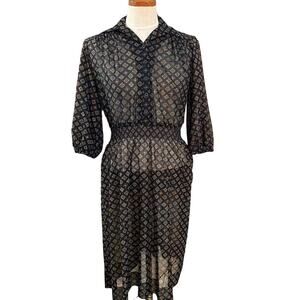 Vintage 70s Strait Lane Secretary Midi Dress S Black Print Retro Office Siren